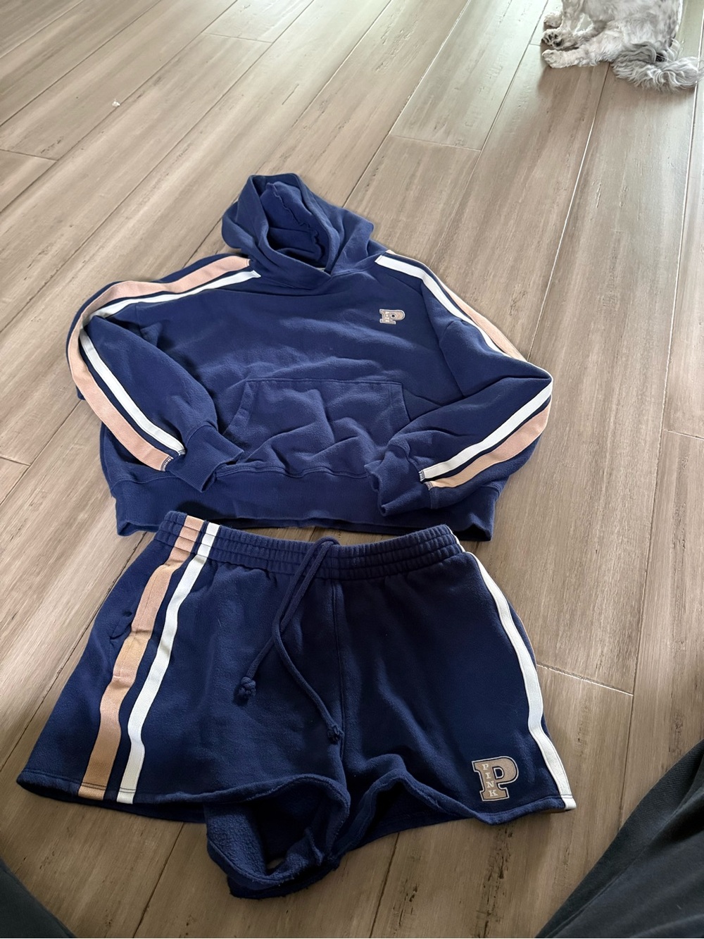 PINK Victoria's Secret Navy Blue Hoodie & Shorts Set with Blush Stripes